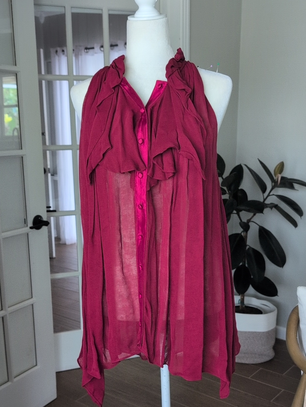 Elizabeth and James Sheer Ruffled Sleeveless Blouse - Wine Size Large